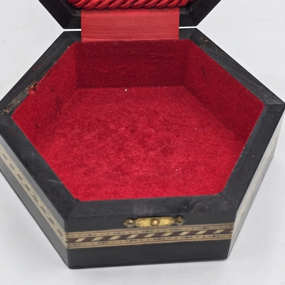 Vintage Moroccan Inlay Wood Jewelry‎ Box Geometric Marquetry Hexagon